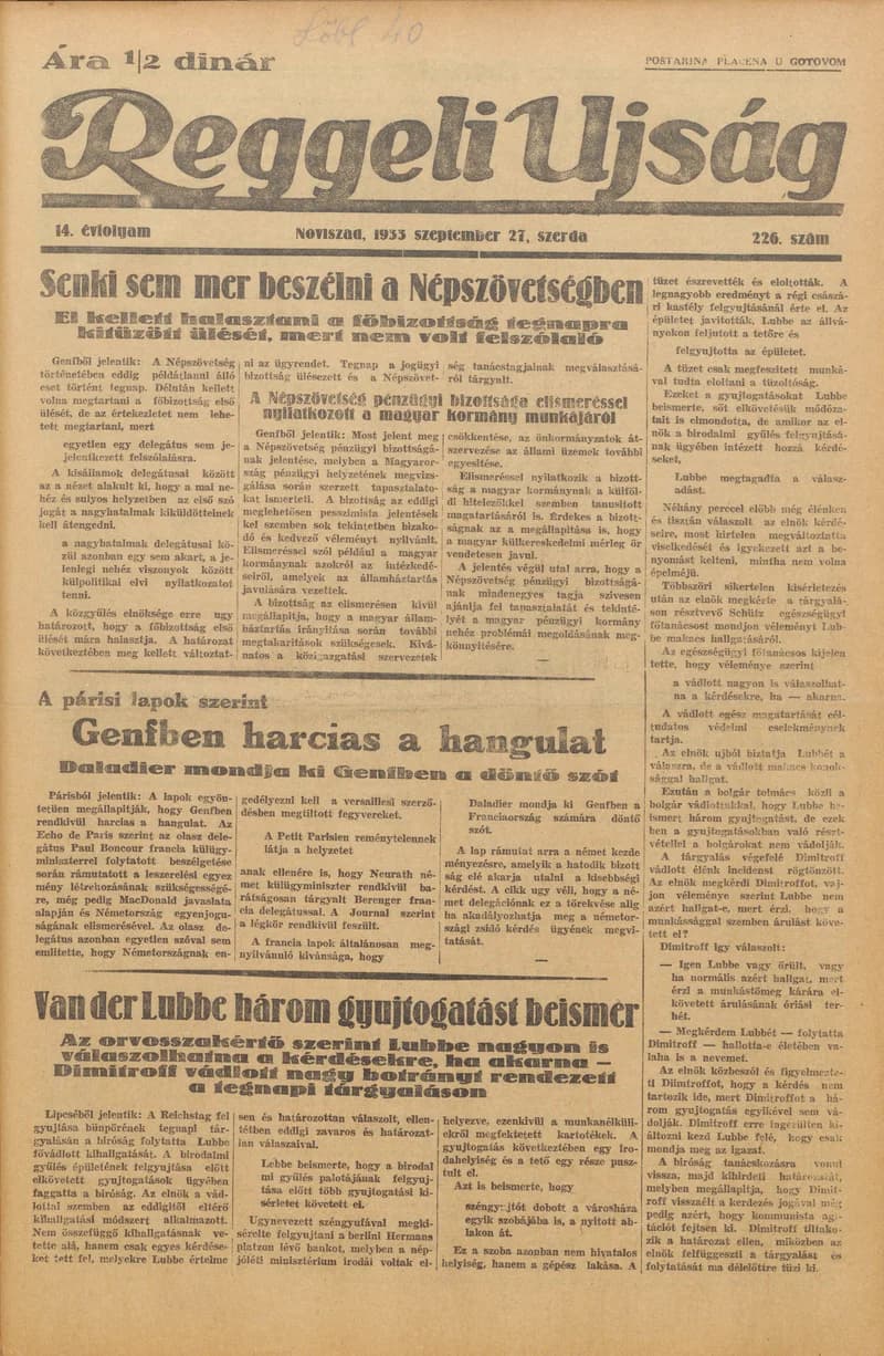 Reggeli Újság, 14. évf. 1933. szeptember 27. 226. sz.