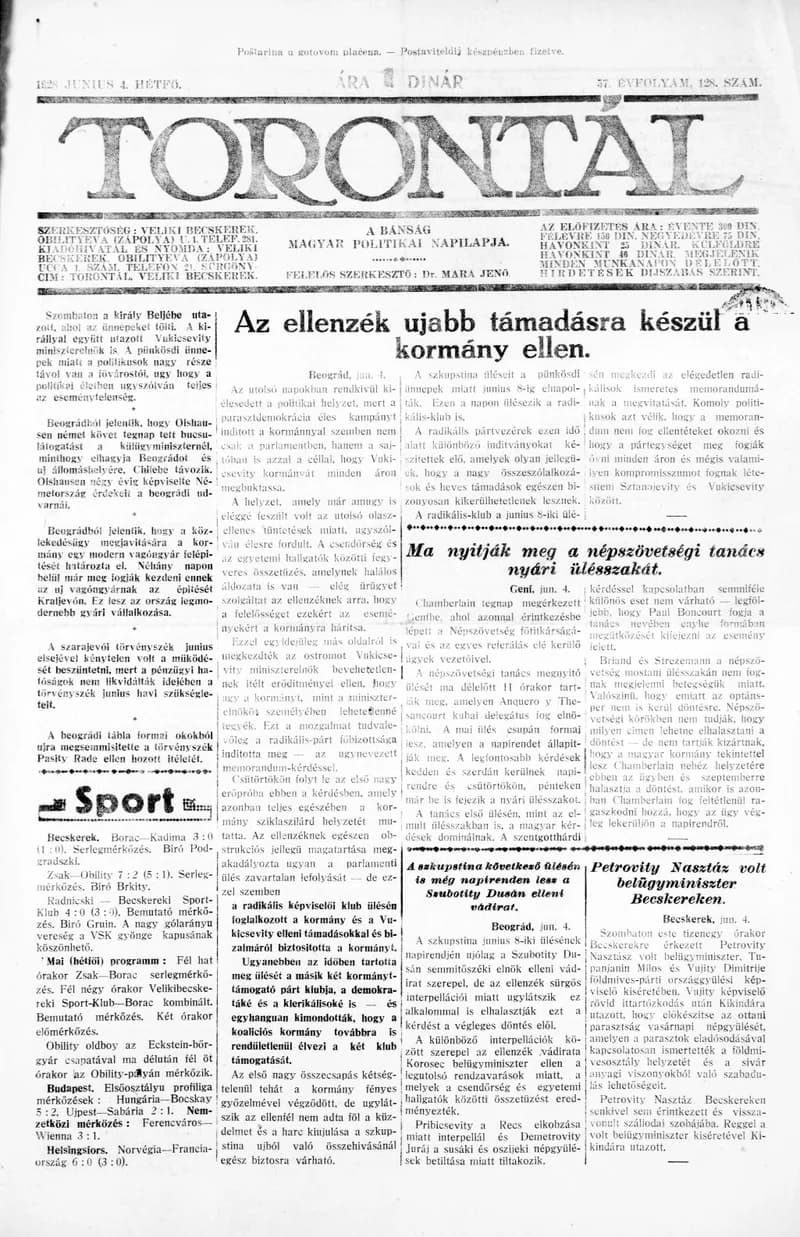 Torontál, 57. évf. 1928. június 4. 128. sz.