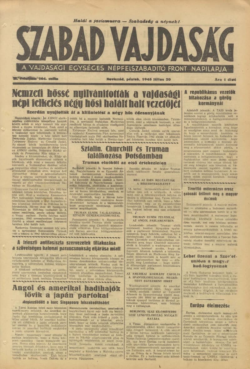Szabad Vajdaság, 2. évf. 1945. július 20. 164. sz.