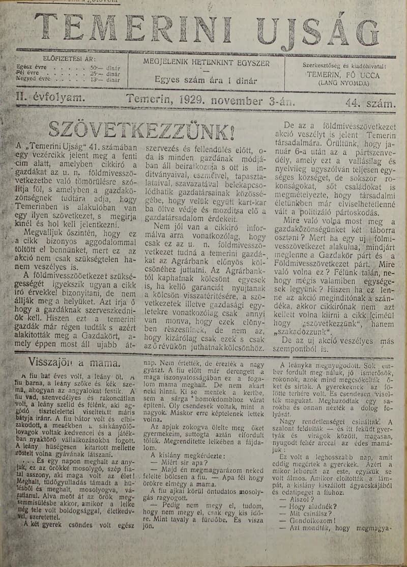 Temerini Újság 1928-1944, 2. évf. 1929. november 3. 44. sz.