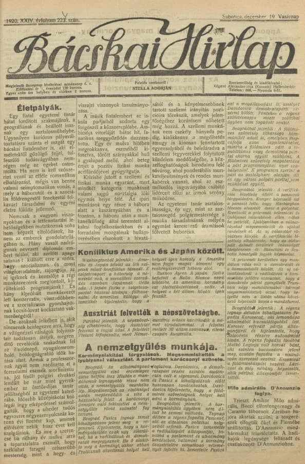 Bácskai Hirlap, 24. évf. 1920. december 19. 224. sz.