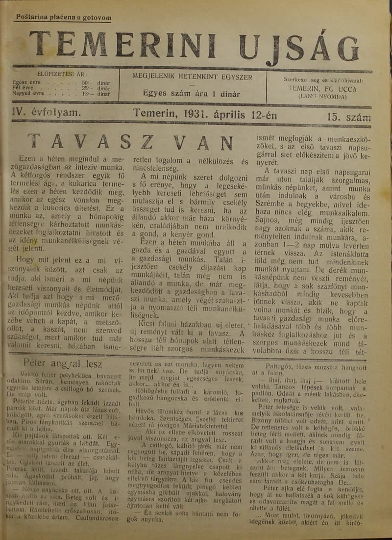 Temerini Újság 1928-1944, 4. évf. 1931. április 12. 15. sz.