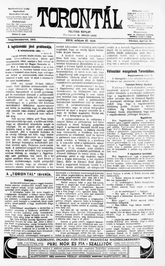 Torontál, 39. évf. 1910. április 15. 85. sz.