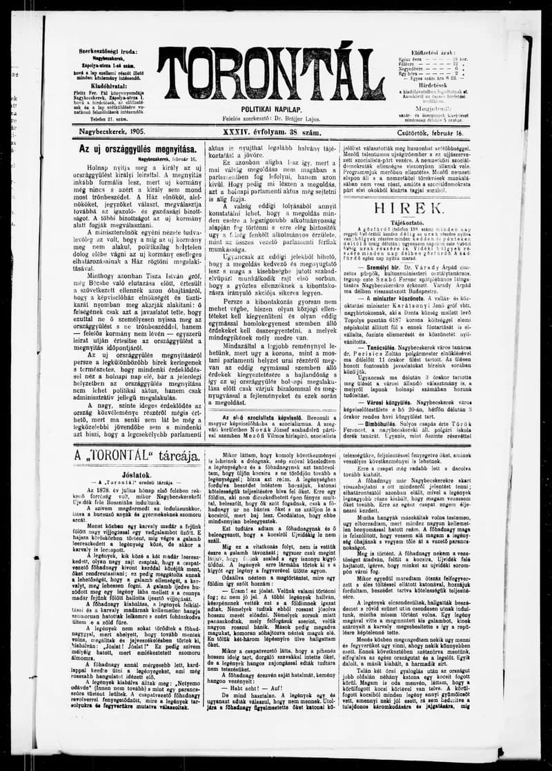 Torontál, 34. évf. 1905. február 16. 38. sz.