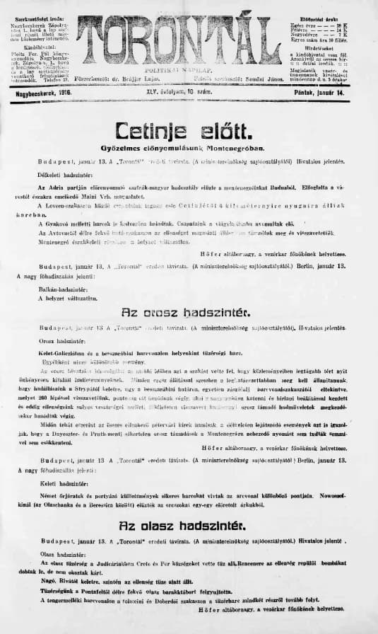 Torontál, 45. évf. 1916. január 14. 10. sz.