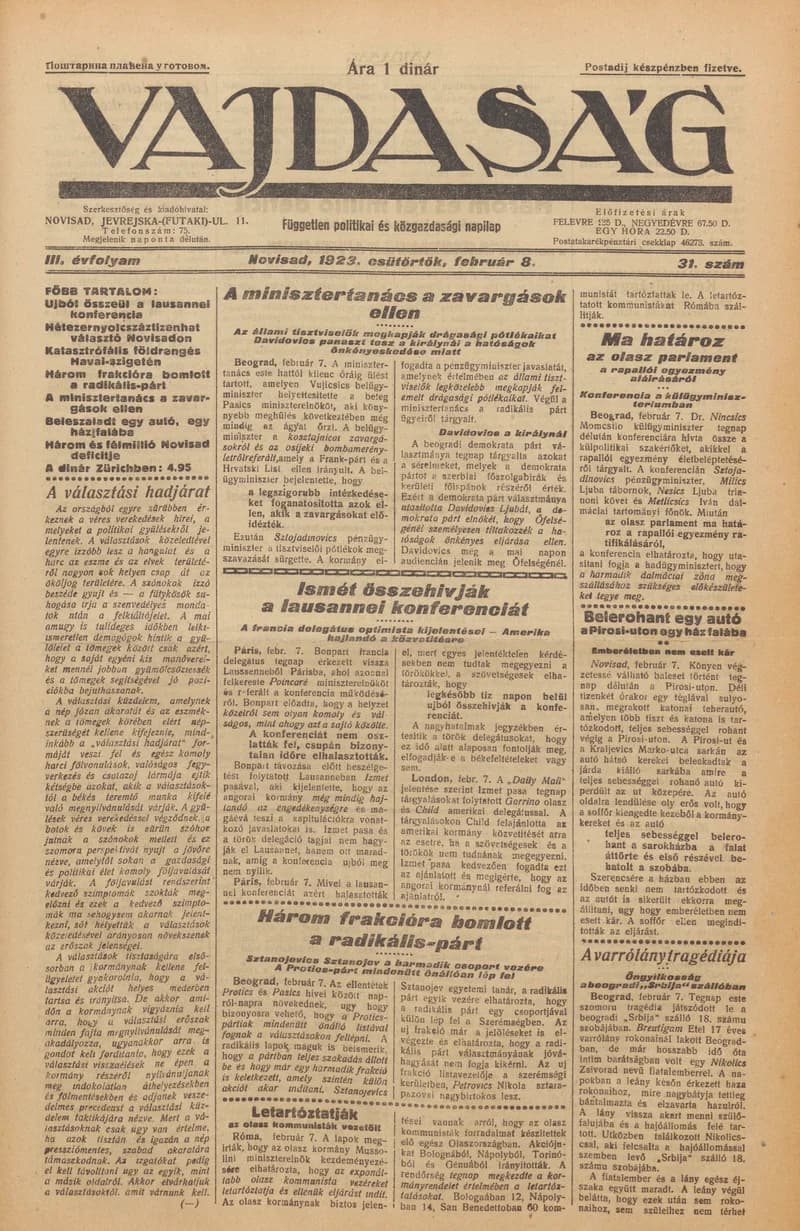 Vajdaság, 3. évf. 1923. február 8. 31. sz.
