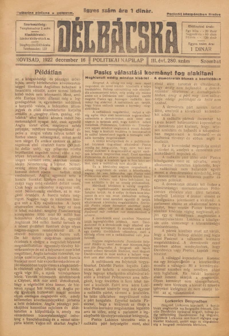 Délbácska, 3. évf. 1922. december 16. 280. sz.
