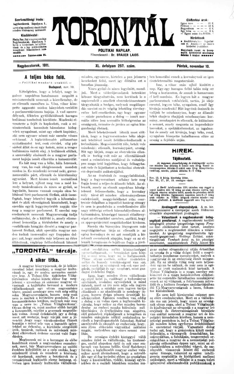 Torontál, 40. évf. 1911. november 10. 257. sz.