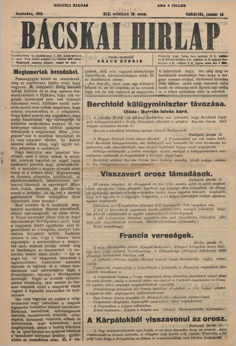 Bácskai Hirlap, 19. évf. 1915. január 14. 19. sz.
