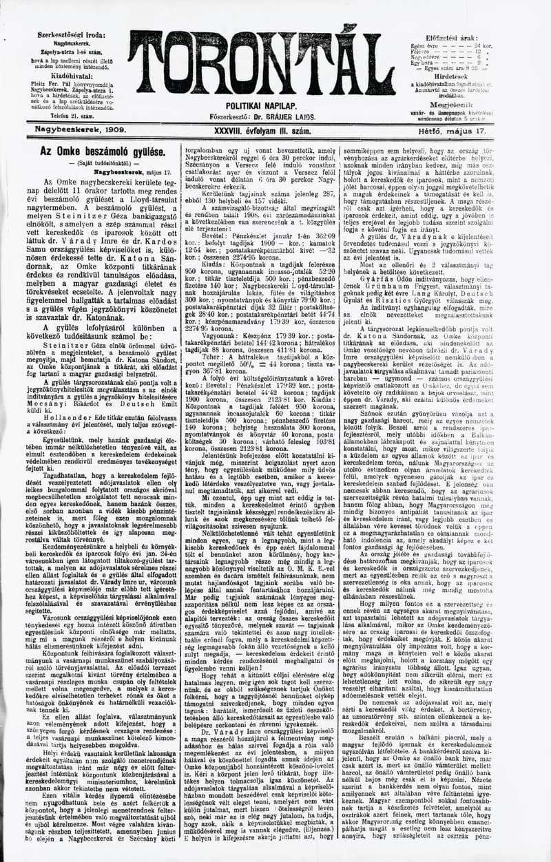 Torontál, 38. évf. 1909. május 17. 111. sz.