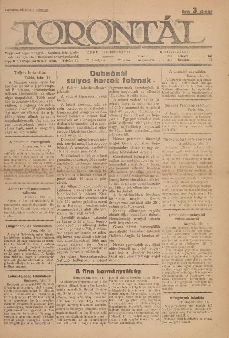 Torontál, 73. évf. 1944. február 15. 37. sz.