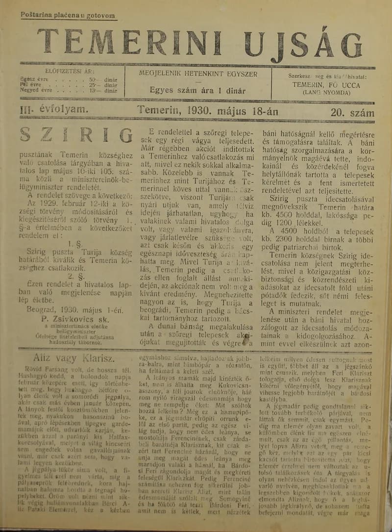 Temerini Újság 1928-1944, 3. évf. 1930. május 18. 20. sz.