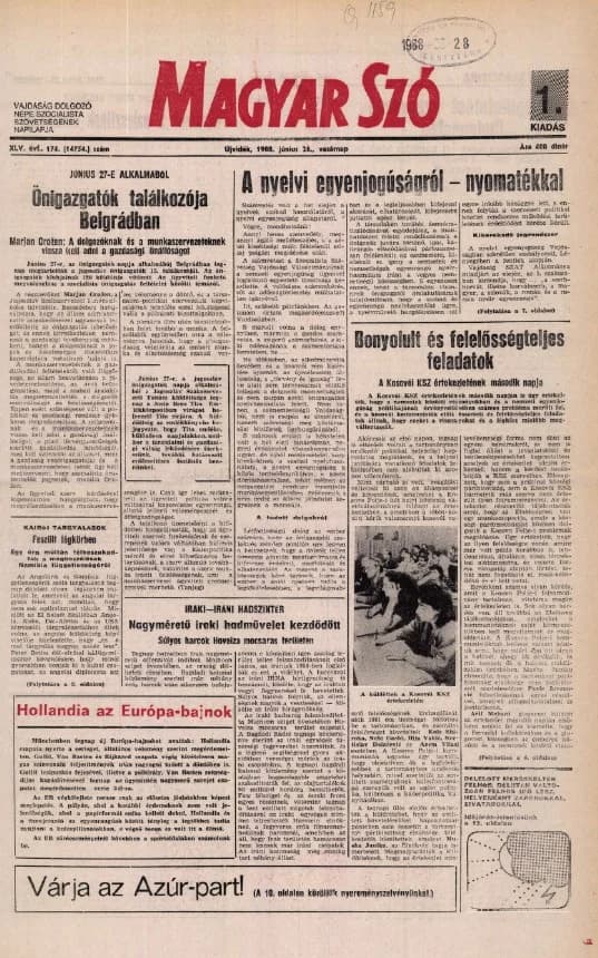 Magyar Szó, 45. évf. 1988. június 26. 174. sz. 1–28. oldal