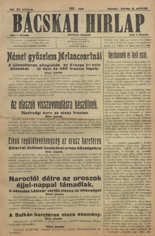 Bácskai Hirlap, 20. évf. 1916. március 30. 145. sz.