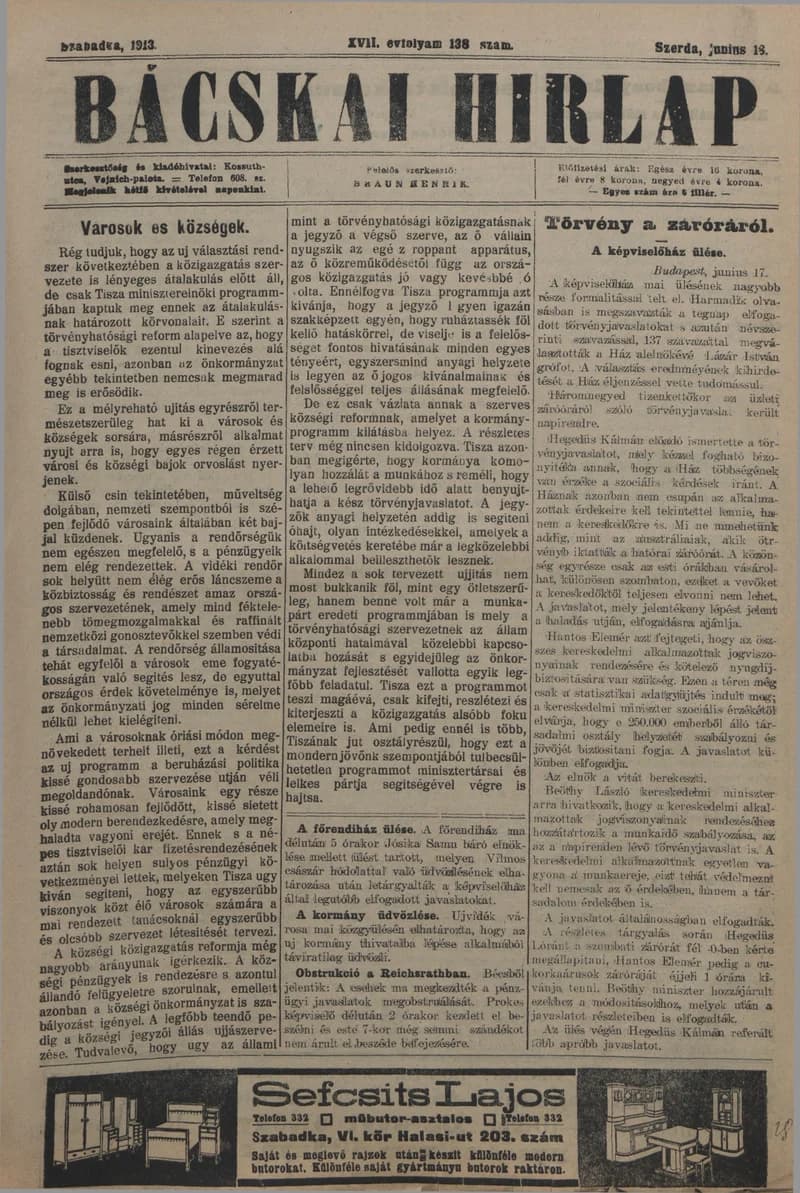 Bácskai Hirlap, 17. évf. 1913. június 18. 138. sz.