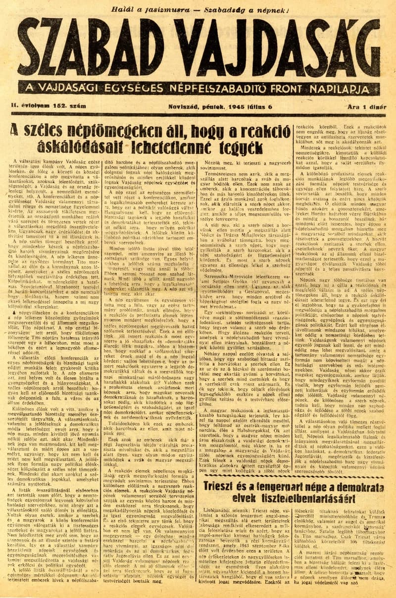 Szabad Vajdaság, 2. évf. 1945. július 6. 152. sz.