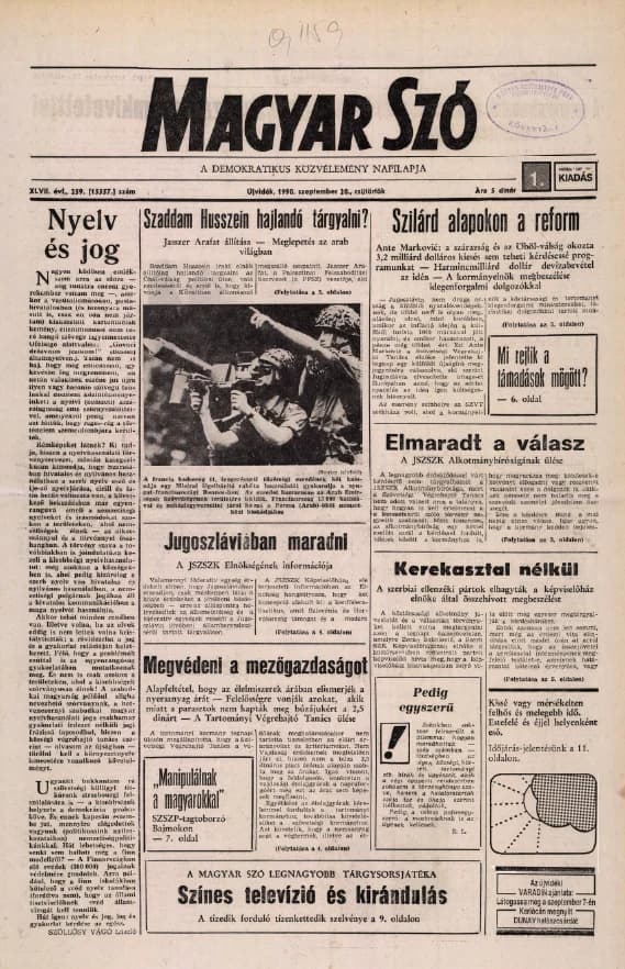 Magyar Szó, 47. évf. 1990. szeptember 20. 259. sz. 1–16. oldal