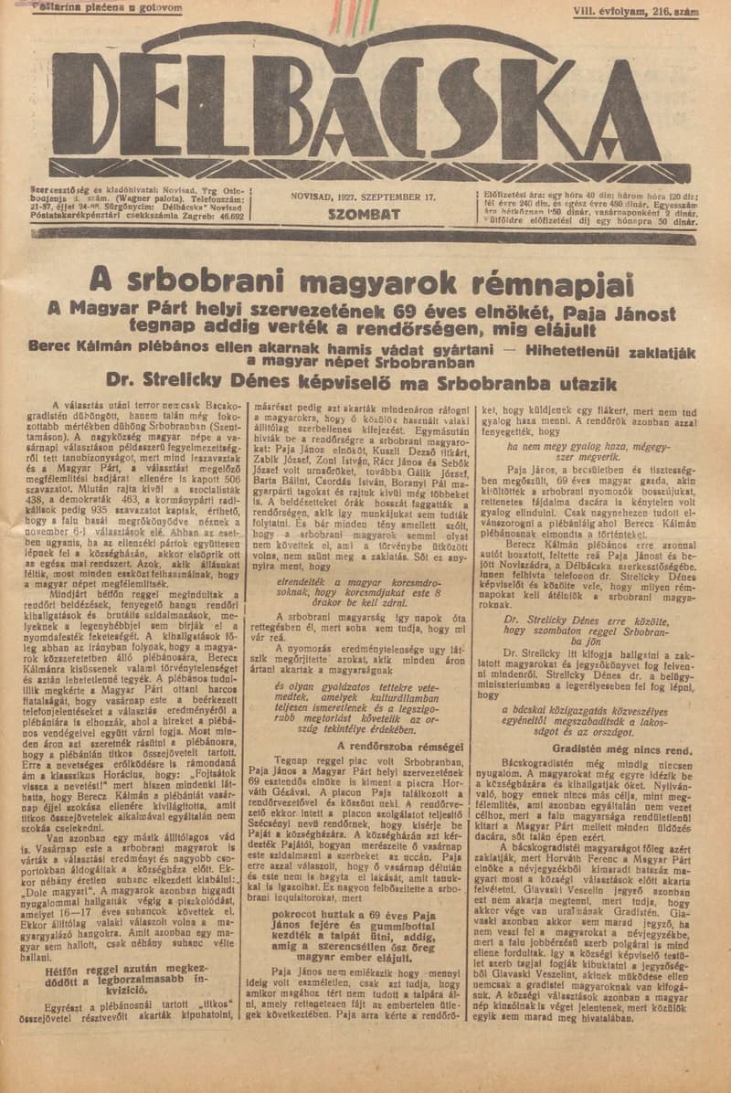 Délbácska, 8. évf. 1927. szeptember 17. 216. sz.