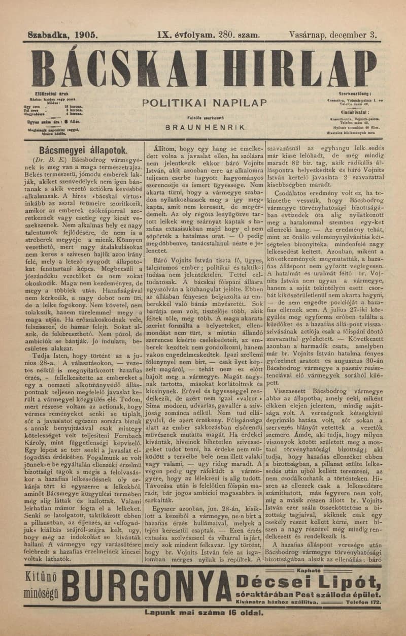 Bácskai Hirlap, 9. évf. 1905. december 3. 280. sz.