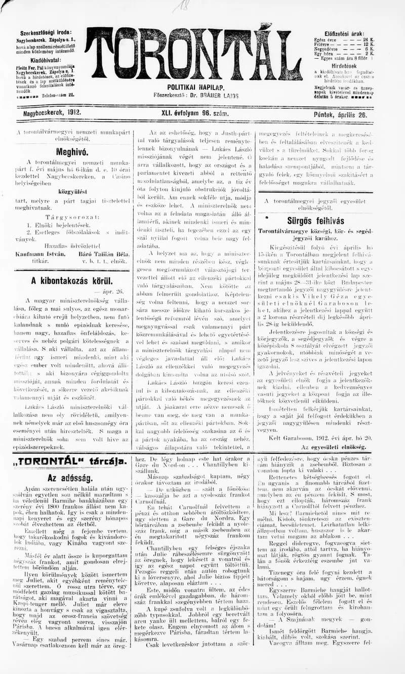 Torontál, 41. évf. 1912. április 26. 96. sz.