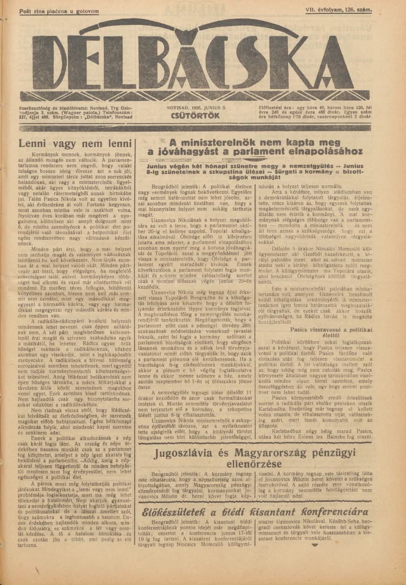 Délbácska, 7. évf. 1926. június 3. 126. sz.