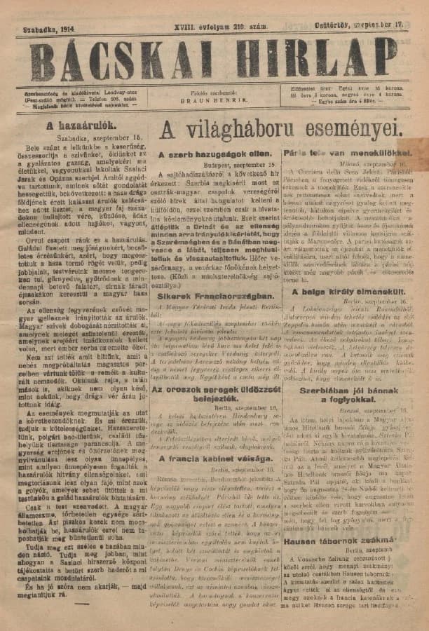 Bácskai Hirlap, 18. évf. 1914. szeptember 17. 210. sz.