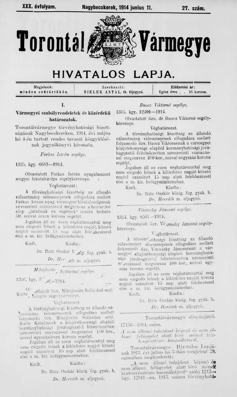 Torontál Vármegye Hivatalos Lapja, 30. évf. 1914. június 11. 27. sz.