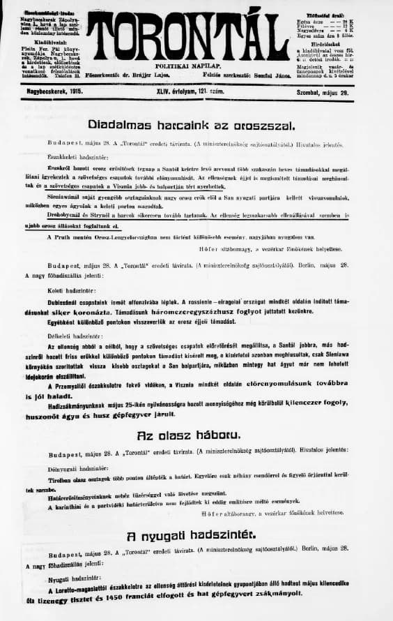 Torontál, 44. évf. 1915. május 29. 121. sz.