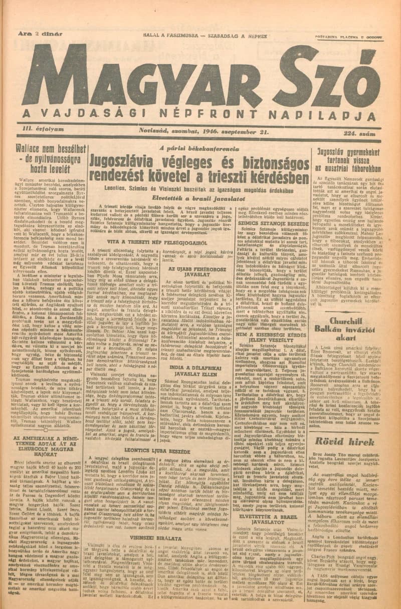 Magyar Szó, 3. évf. 1946. szeptember 21. 224. sz. 1–4. oldal