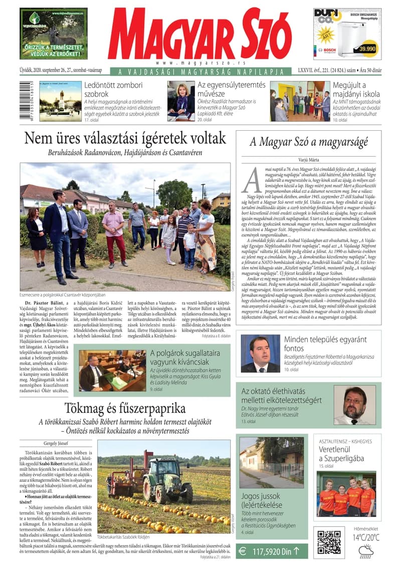 Magyar Szó, 77. évf. 2020. szeptember 26. – 27. 221. sz. 1–32. oldal
