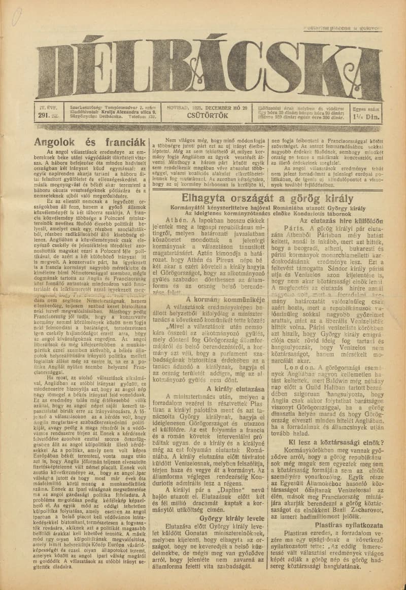 Délbácska, 4. évf. 1923. december 20. 291. sz.
