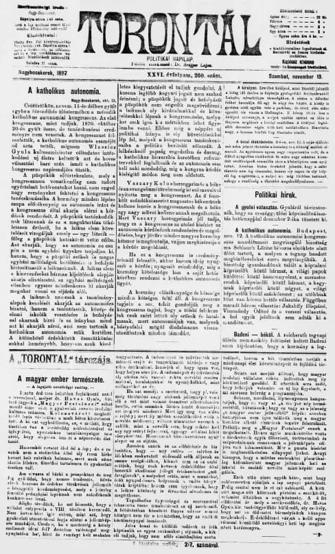 Torontál, 26. évf. 1897. november 13. 260. sz.
