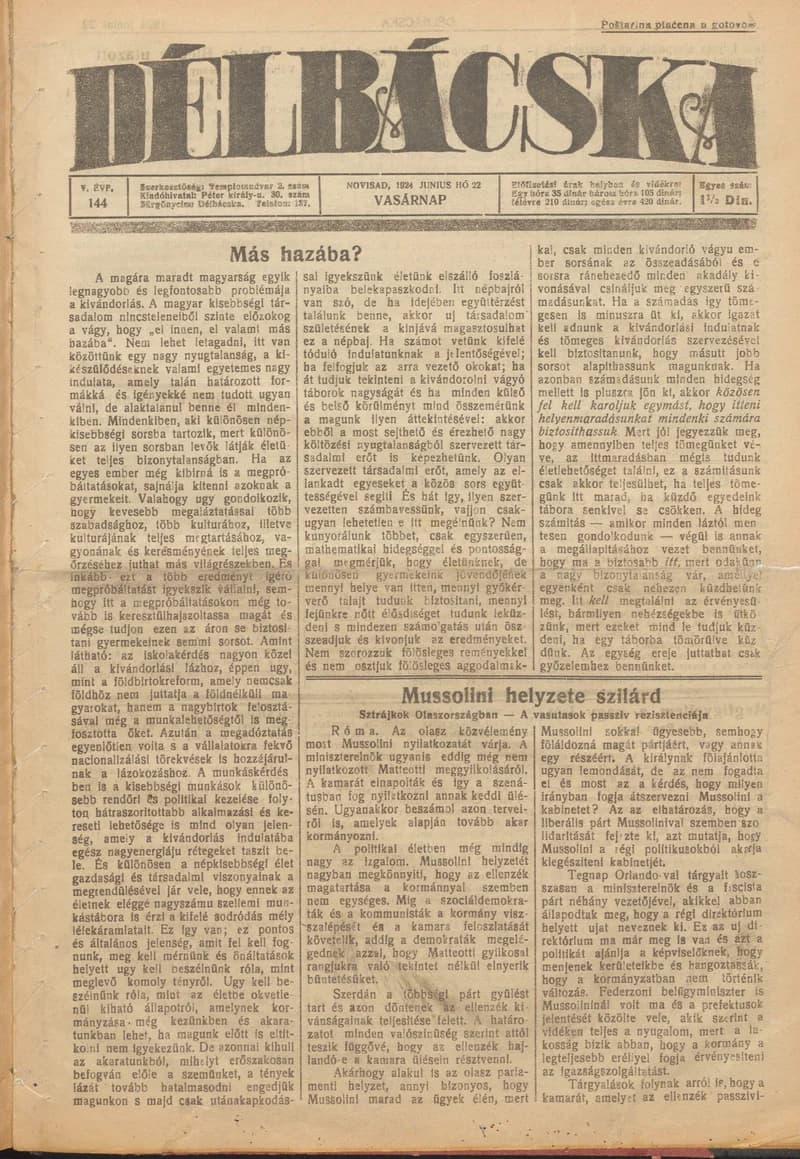 Délbácska, 5. évf. 1924. június 22. 144. sz.