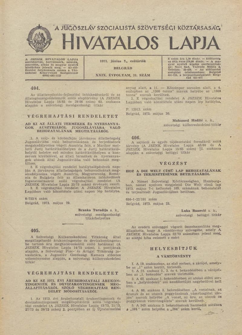 A Jugoszláv Szocialista Szövetségi Köztársaság Hivatalos Lapja, 29. évf. 1973. június 7. 31. sz. 945–952. oldal