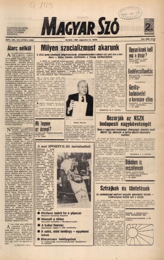 Magyar Szó, 46. évf. 1989. augusztus 14. 221. sz. 1–20. oldal