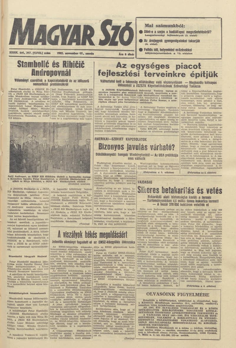 Magyar Szó, 39. évf. 1982. november 17. 317. sz. 1–24. oldal