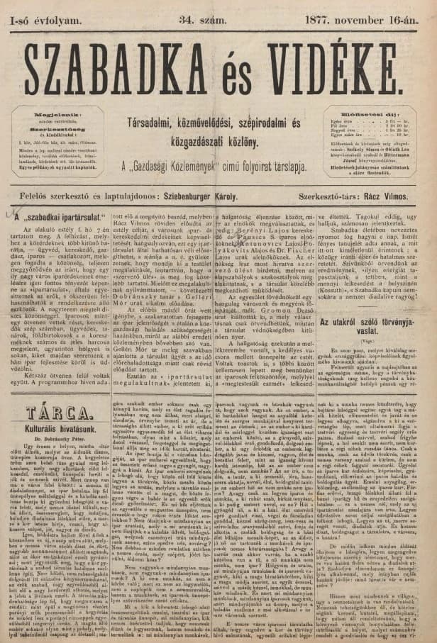 Szabadka és vidéke, 1. évf. 1877. november 15. 34. sz.