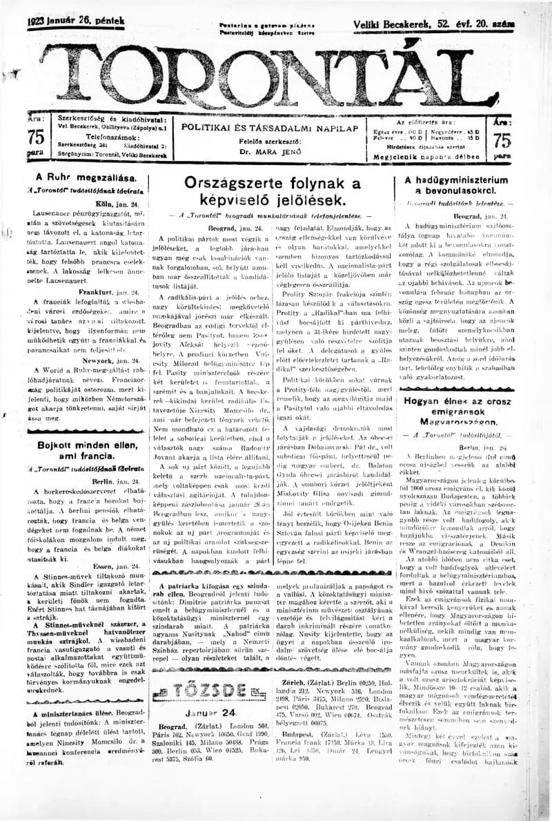 Torontál, 52. évf. 1923. január 26. 20. sz.