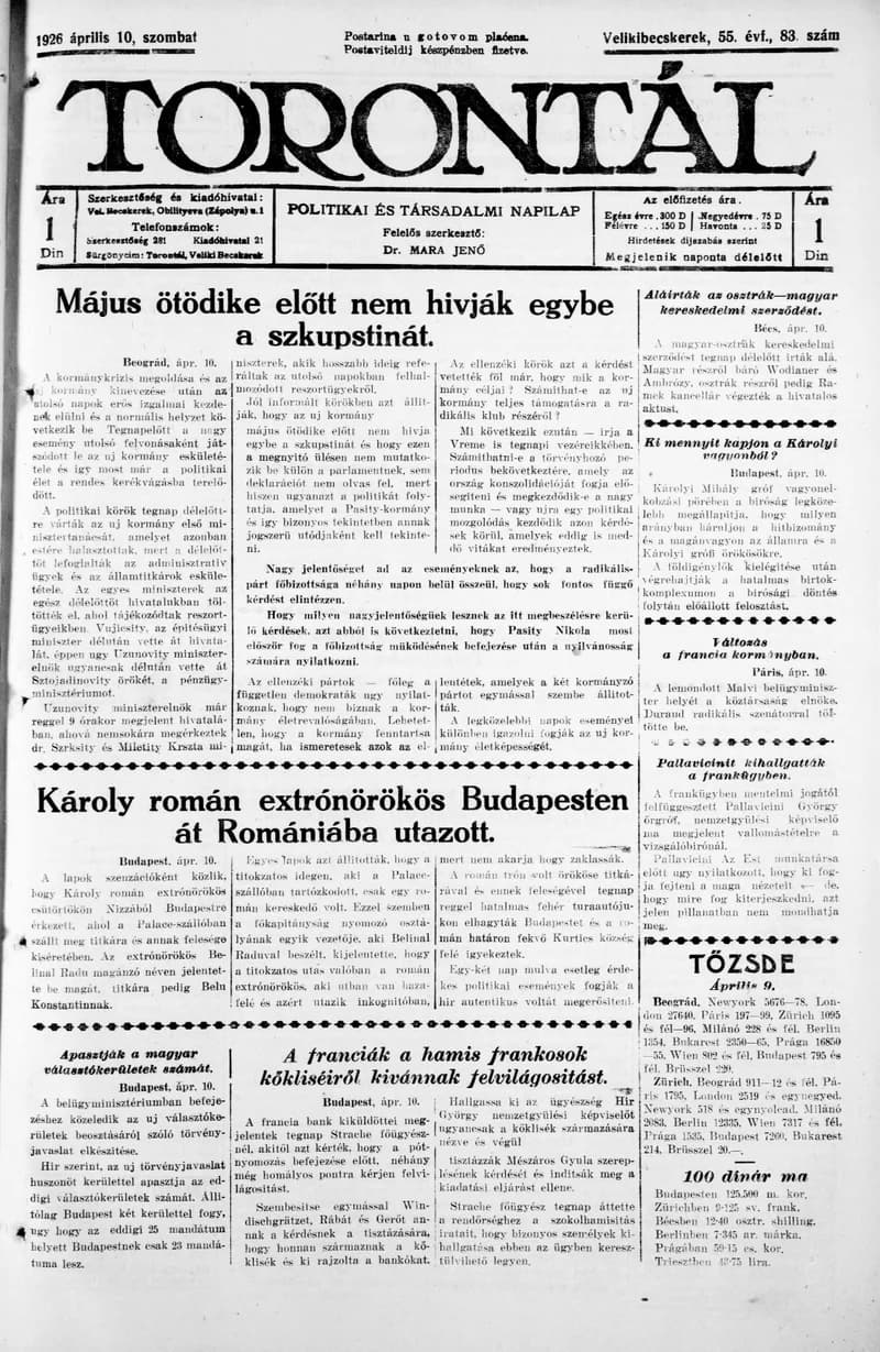 Torontál, 55. évf. 1926. április 10. 83. sz.