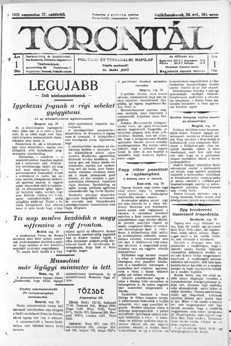 Torontál, 54. évf. 1925. augusztus 27. 192. sz.