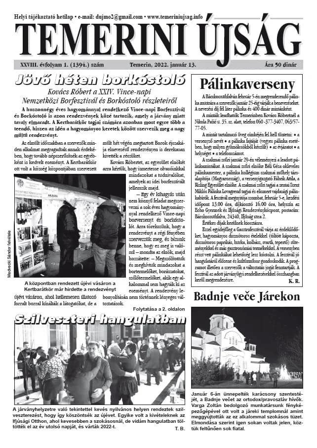 Temerini Újság, 28. évf. 2022. január 13. 1. sz.