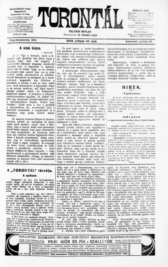 Torontál, 39. évf. 1910. június 25. 143. sz.