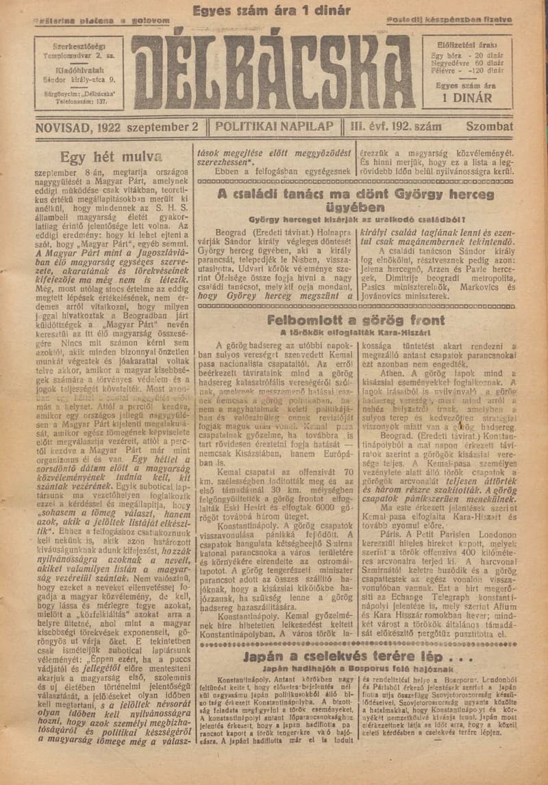 Délbácska, 3. évf. 1922. szeptember 2. 192. sz.