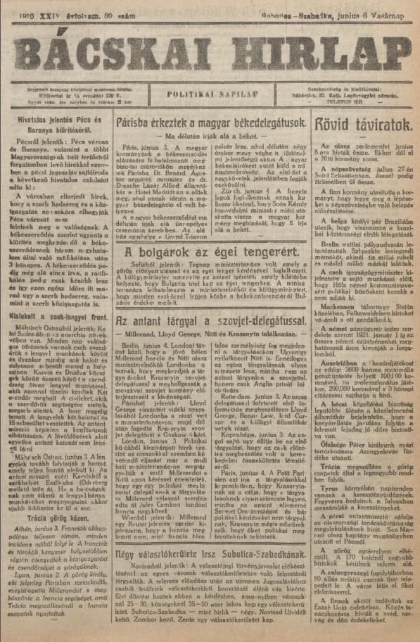 Bácskai Hirlap, 24. évf. 1920. június 6. 80. sz.