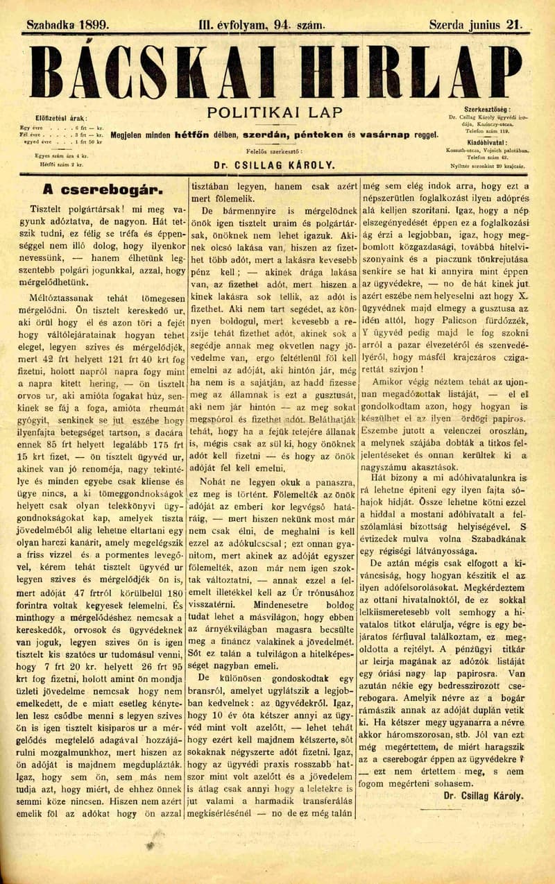 Bácskai Hirlap, 3. évf. 1899. június 21. 94. sz.