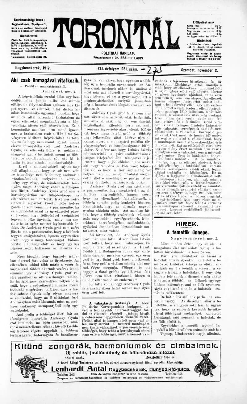 Torontál, 41. évf. 1912. november 2. 251. sz.
