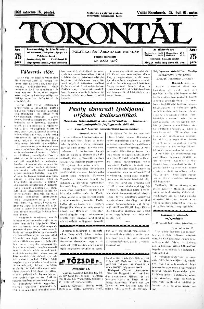 Torontál, 52. évf. 1923. március 16. 61. sz.