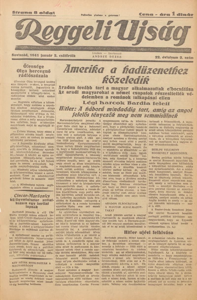 Reggeli Újság, 22. évf. 1941. január 2. 2. sz.