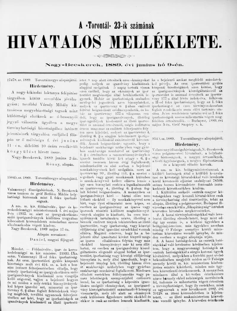 A Totontál  hivatalos melléklete, 2. évf. 1889. június 9. 23. sz.