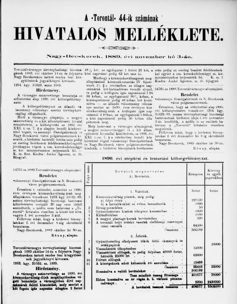 A Totontál  hivatalos melléklete, 2. évf. 1889. november 3. 44. sz.